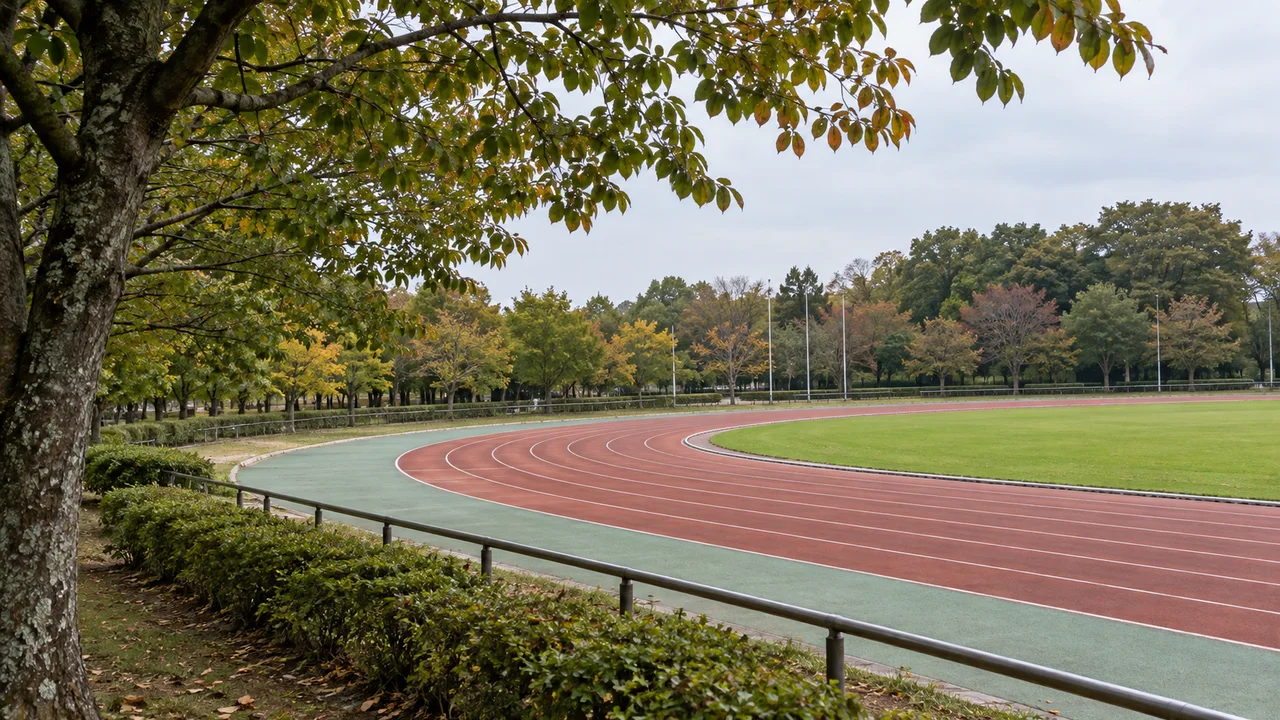 木陰から見るトラックのカーブ（AI生成の参考イメージ）
