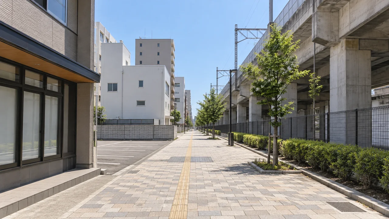 高架沿いの歩道（AI生成の参考イメージ）