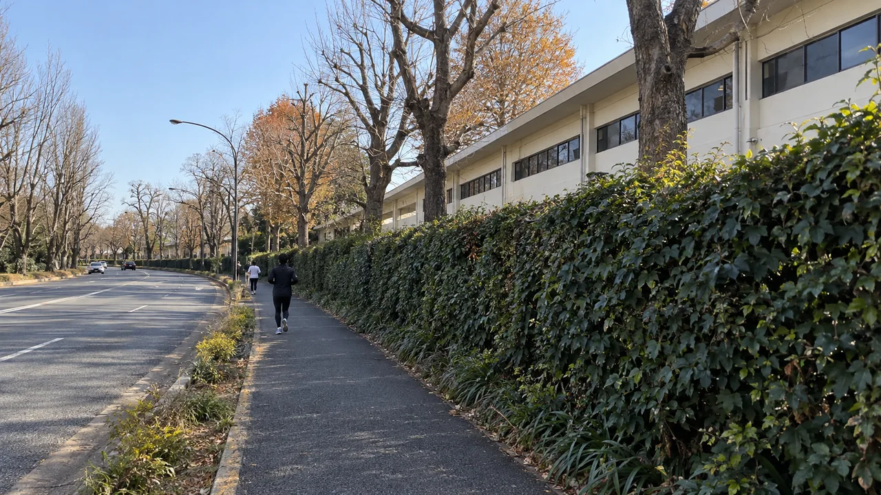 生垣沿いにたどる周回路(AI生成の参考イメージ)