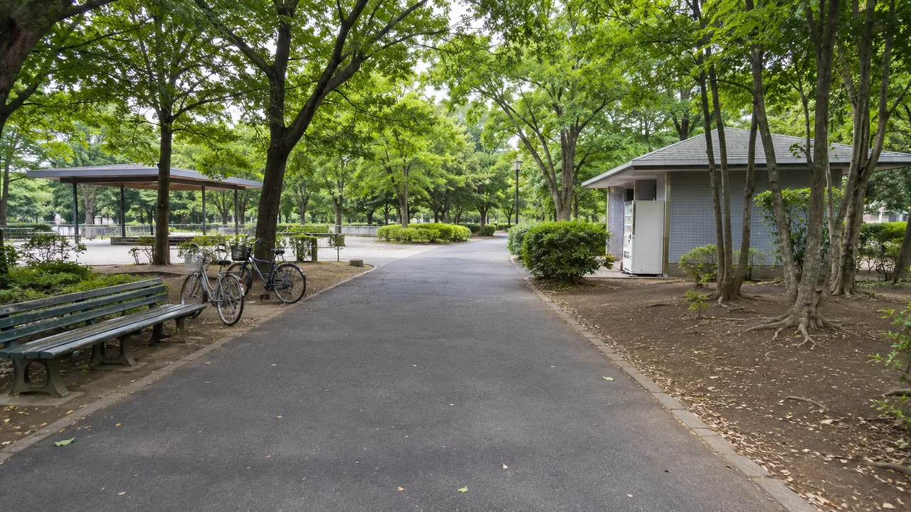 北側エリアの木陰の道（AI生成の参考イメージ）