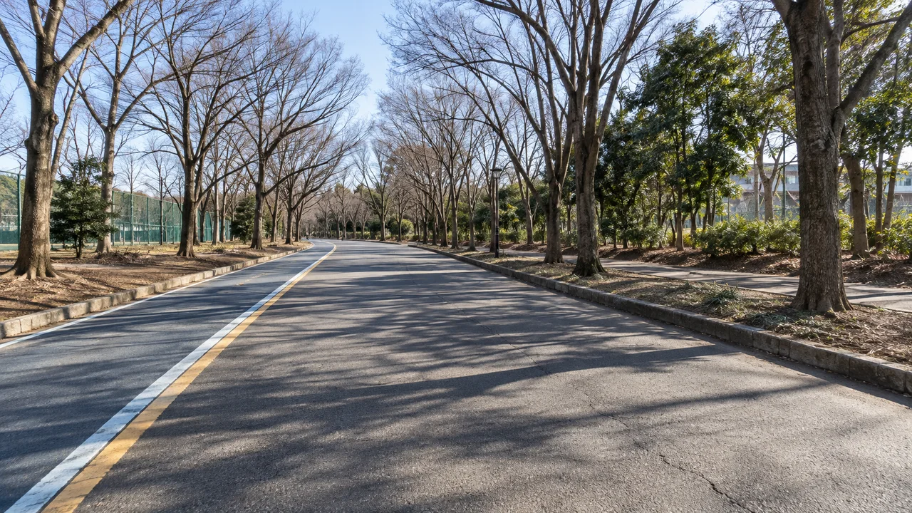 木漏れ日の広がる西側の園路(AI生成の参考イメージ)