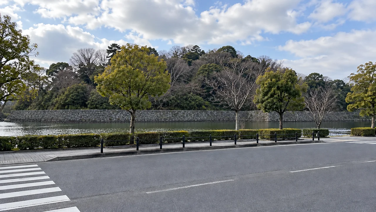 京極通りから眺める堀と石垣（AI生成の参考イメージ）