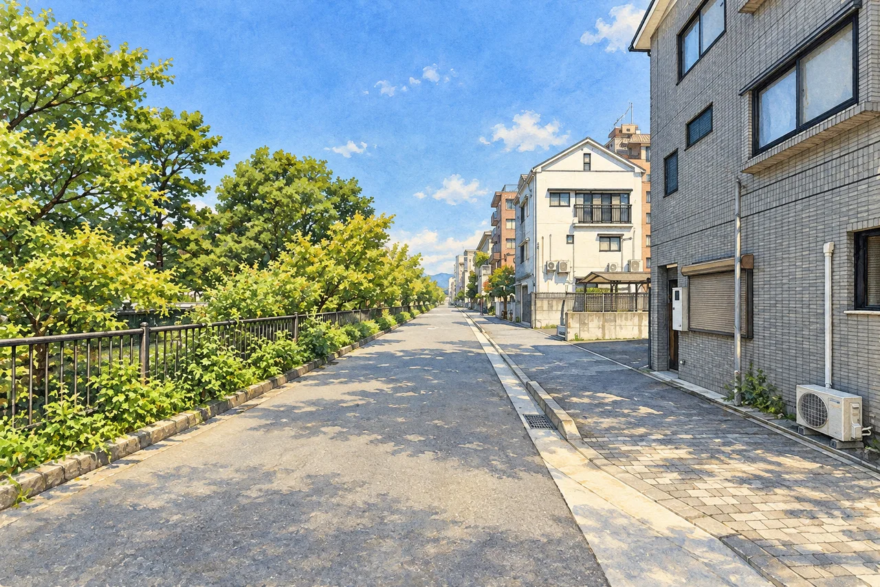 二条城東側の堀川沿い(AI生成の参考イメージ)