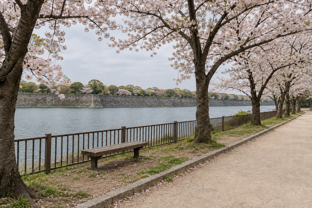 北側の堀沿いと桜（AI生成の参考イメージ）