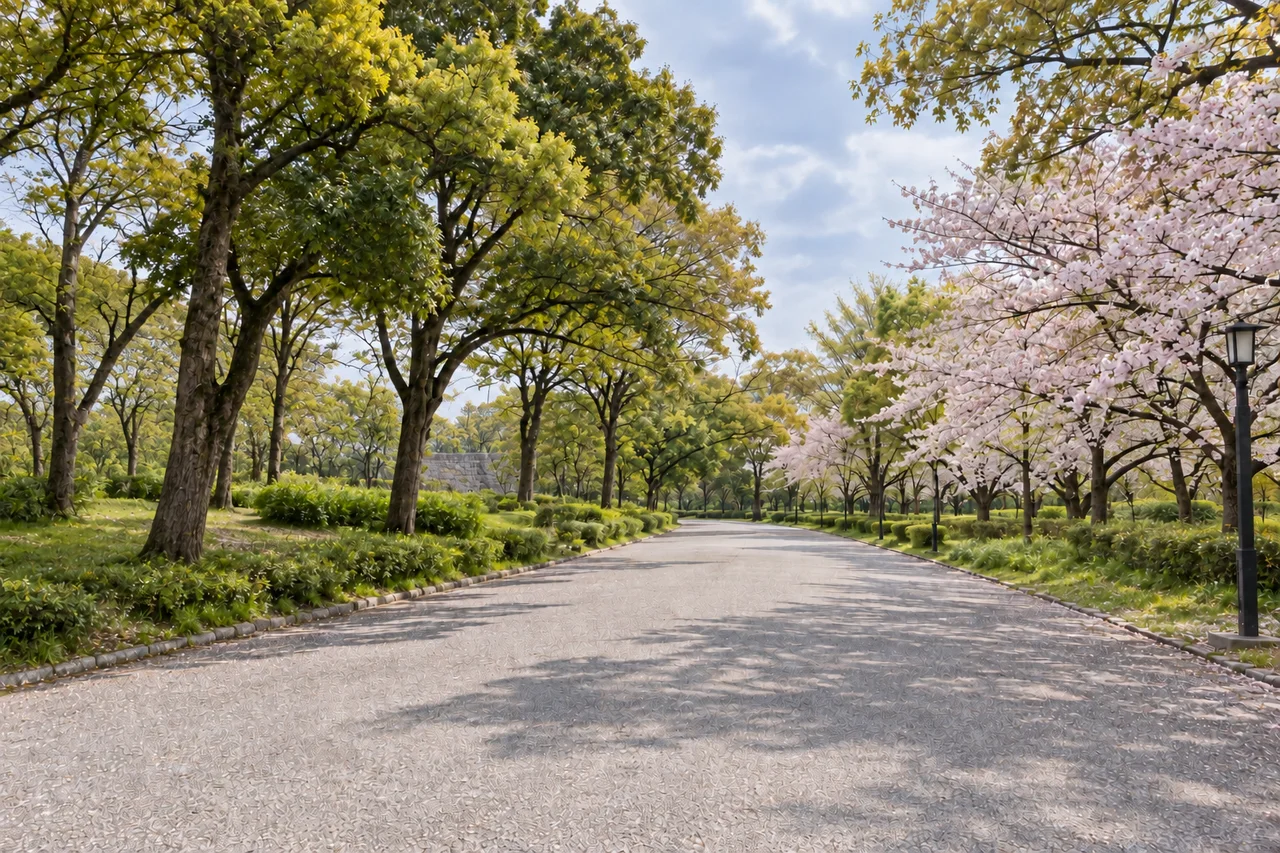 大阪城公園南西側の園路（AI生成の参考イメージ）
