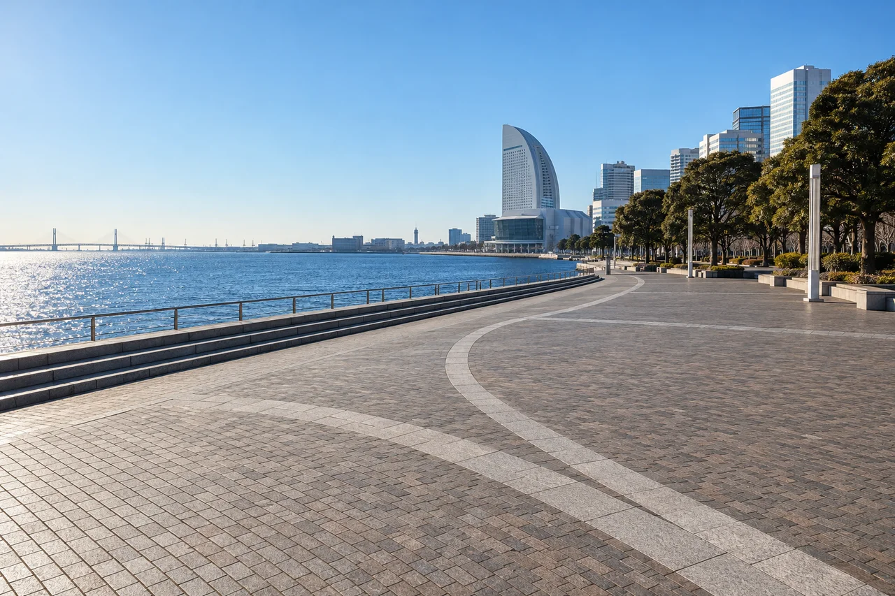 横浜港に面した海沿い広場(AI生成の参考イメージ)