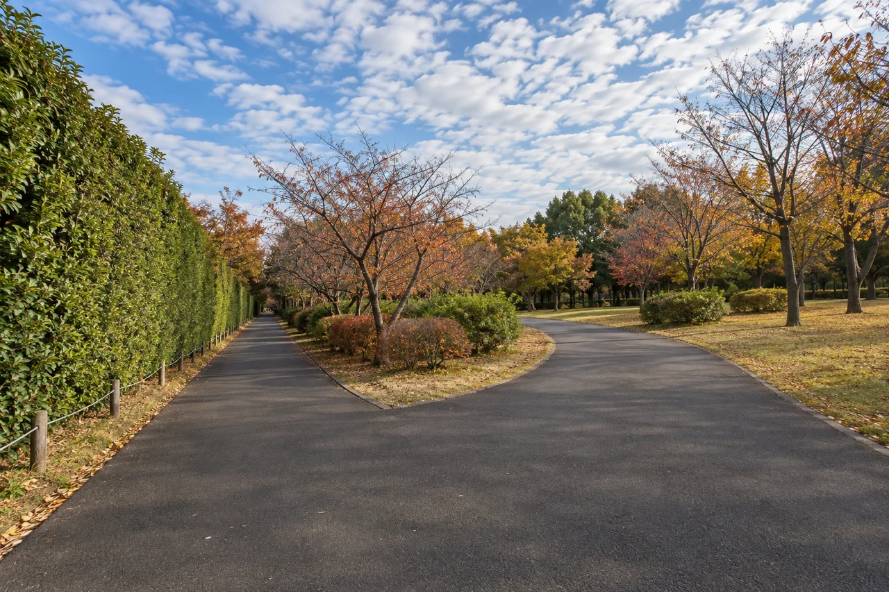 西側の生け垣沿いの園路（AI生成の参考イメージ）