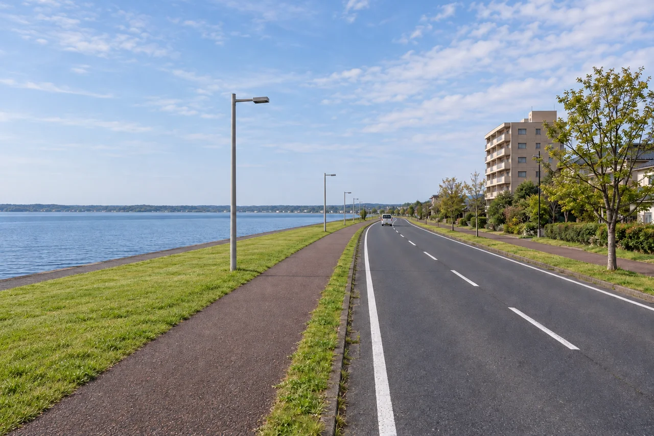 西側の湖畔歩道(AI生成の参考イメージ)