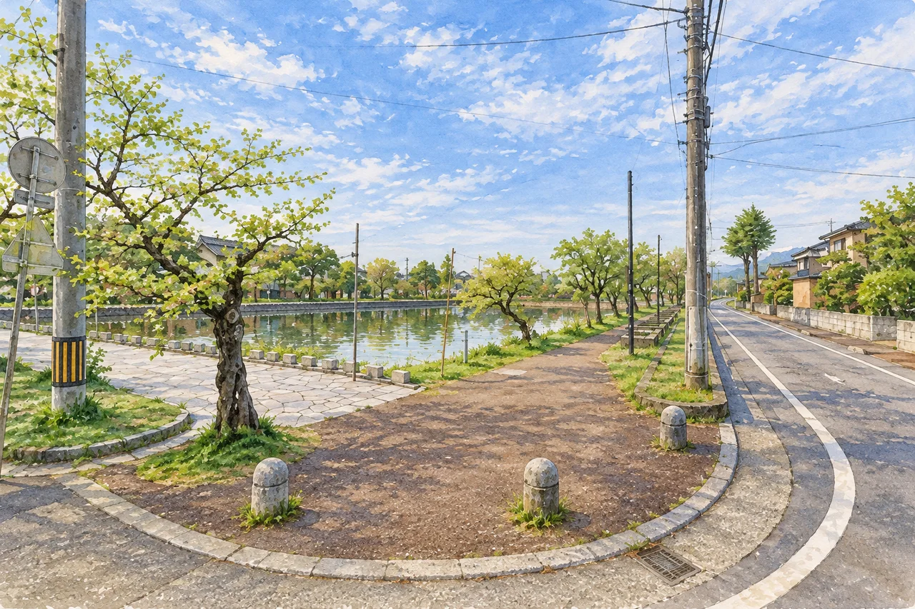 西堀橋のたもとから（AI生成の参考イメージ）