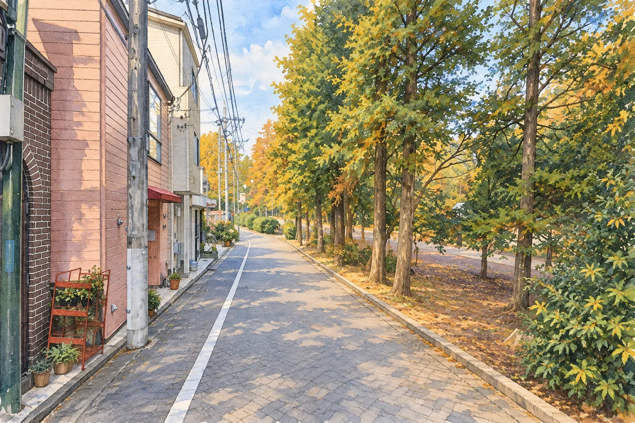 井の頭公園沿いの街路(AI生成の参考イメージ)