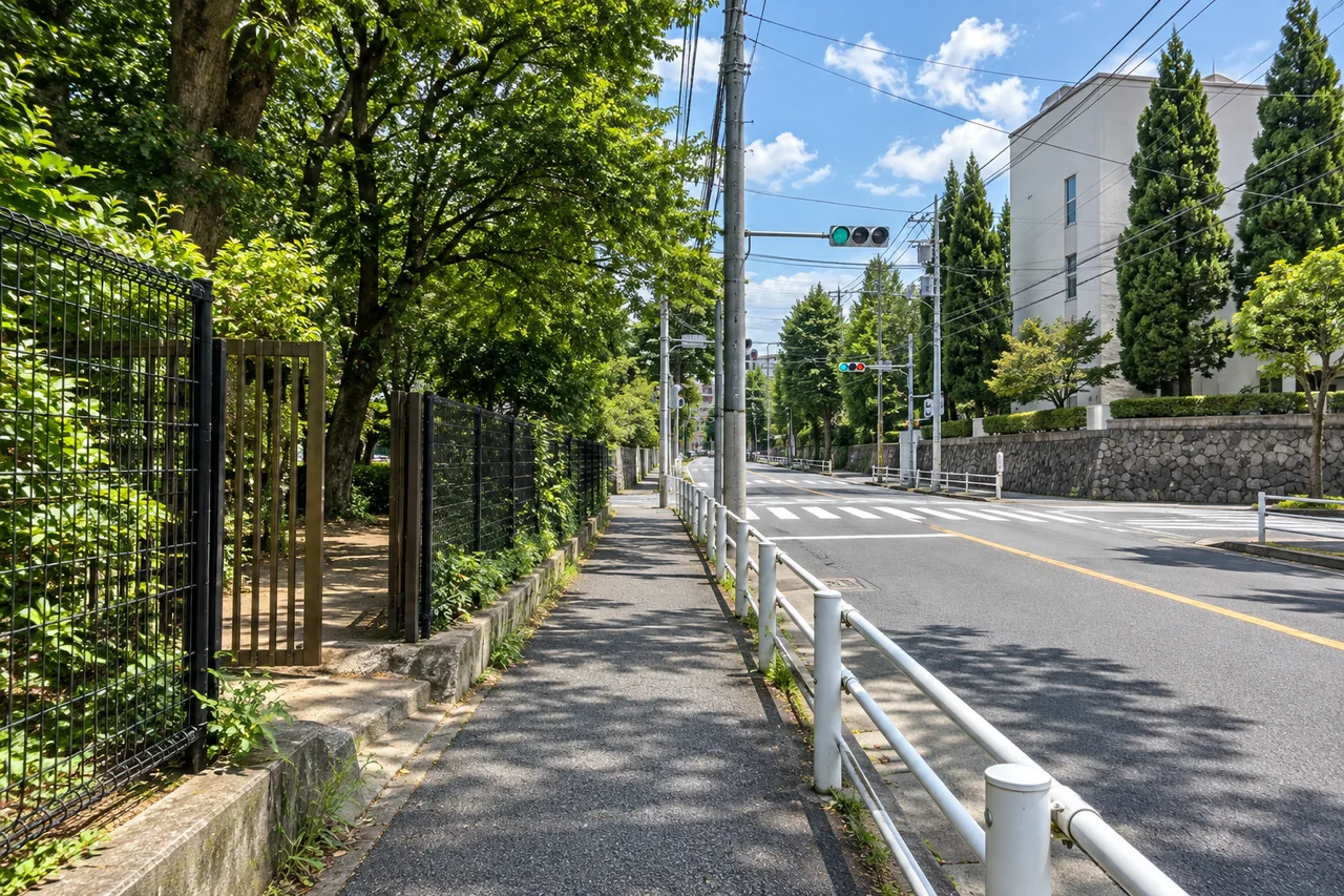 公園東側の歩道（AI生成の参考イメージ）