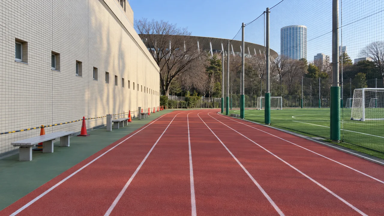 建物沿いのトラック直線（AI生成の参考イメージ）