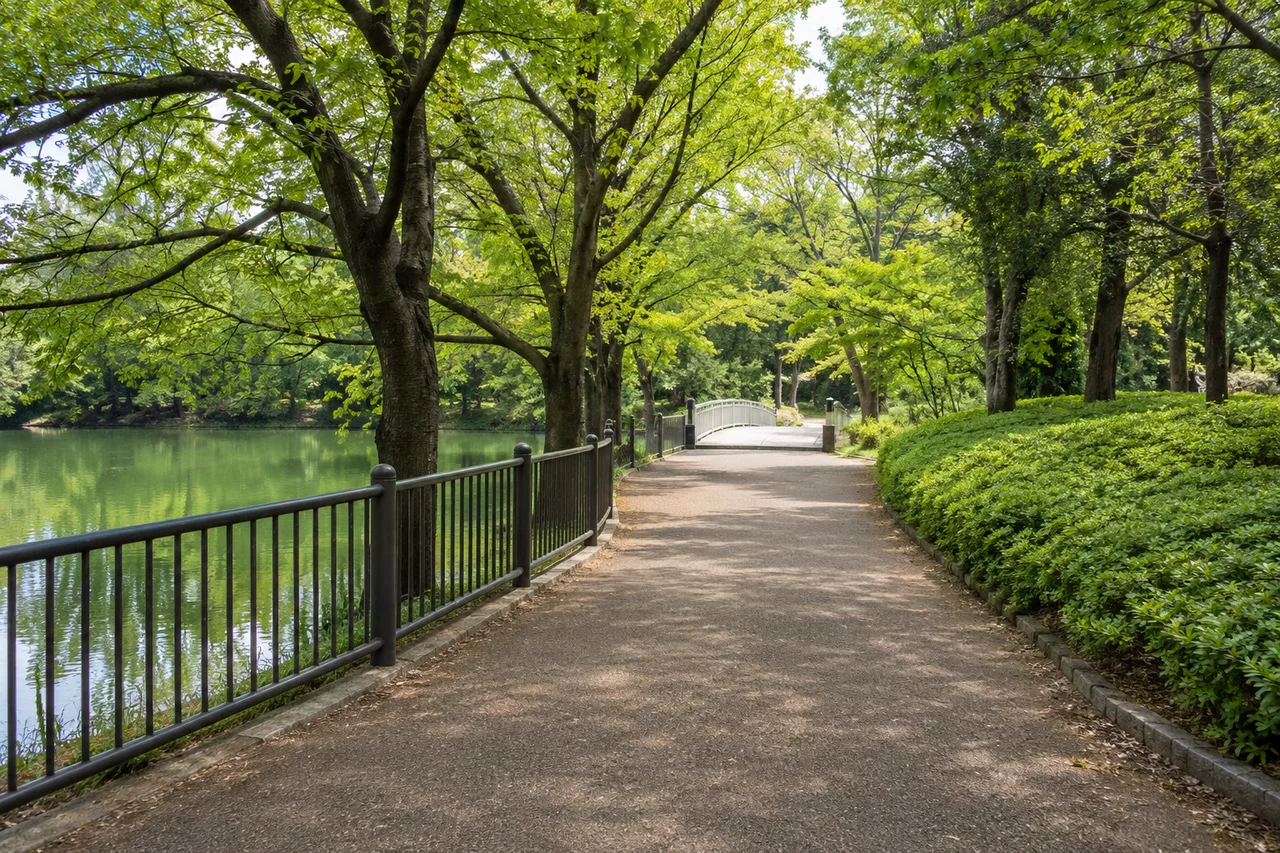 池に沿って小さな橋へ続く道(AI生成の参考イメージ)