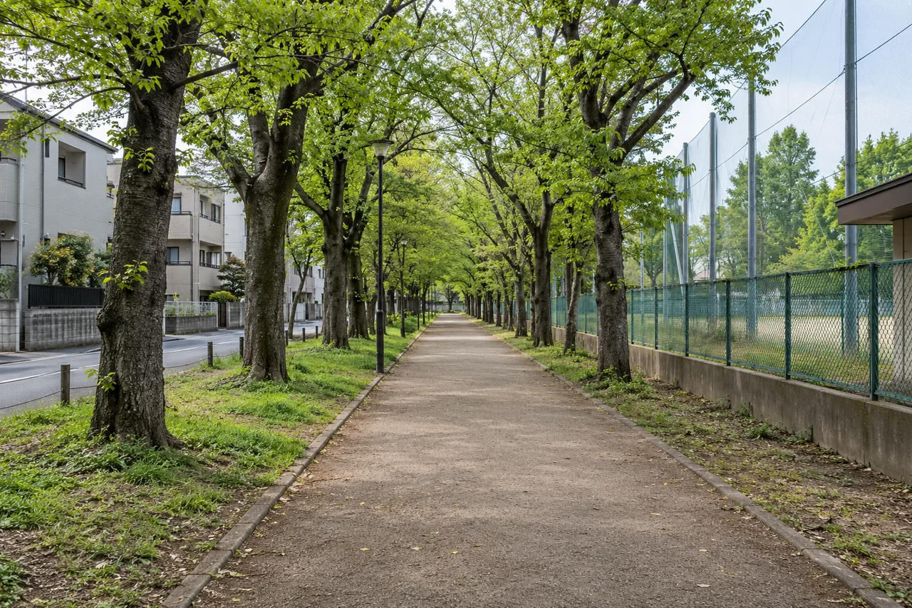 運動場沿いの並木道(AI生成の参考イメージ)