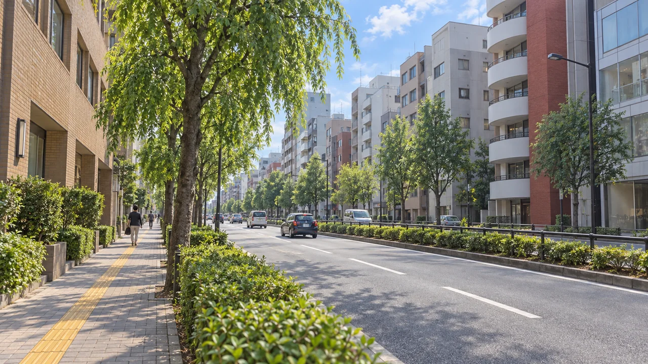 恵比寿付近の道路沿い（AI生成の参考イメージ）
