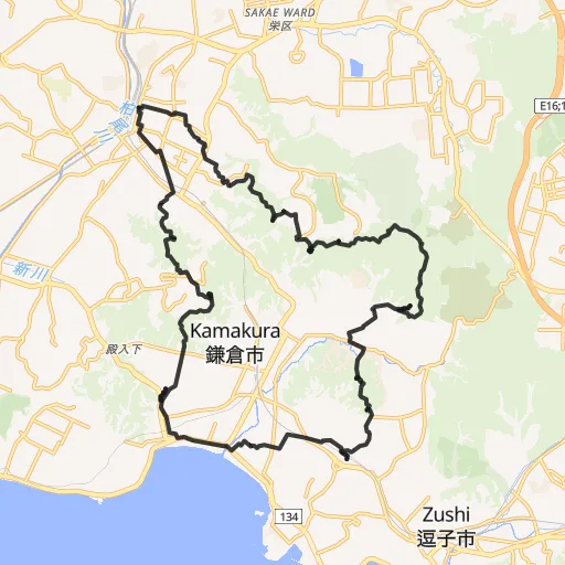 鎌倉トレイル大周回のコース地図