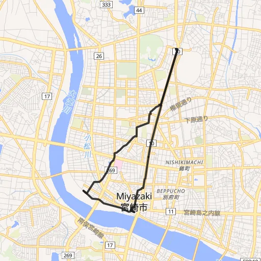 橘通り〜宮崎神宮〜大淀川のコース地図