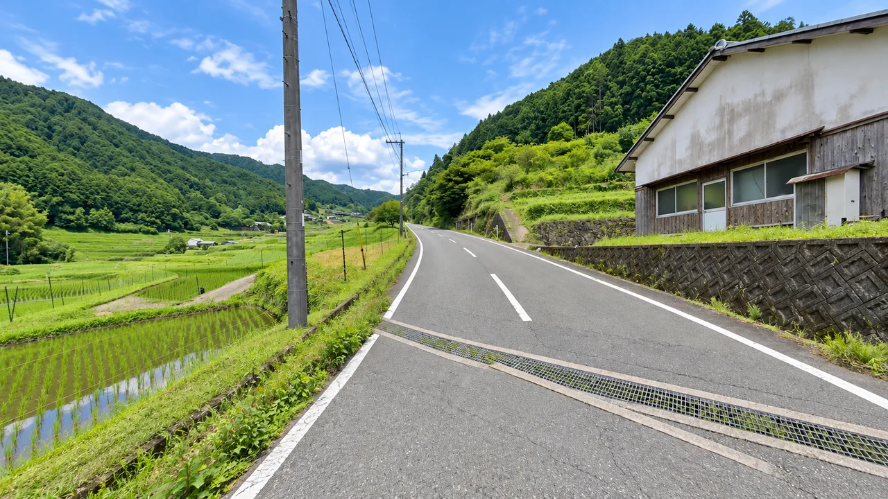 古墳を過ぎると、長い上りへ・棚田の間を上る道（AI生成の参考イメージ）