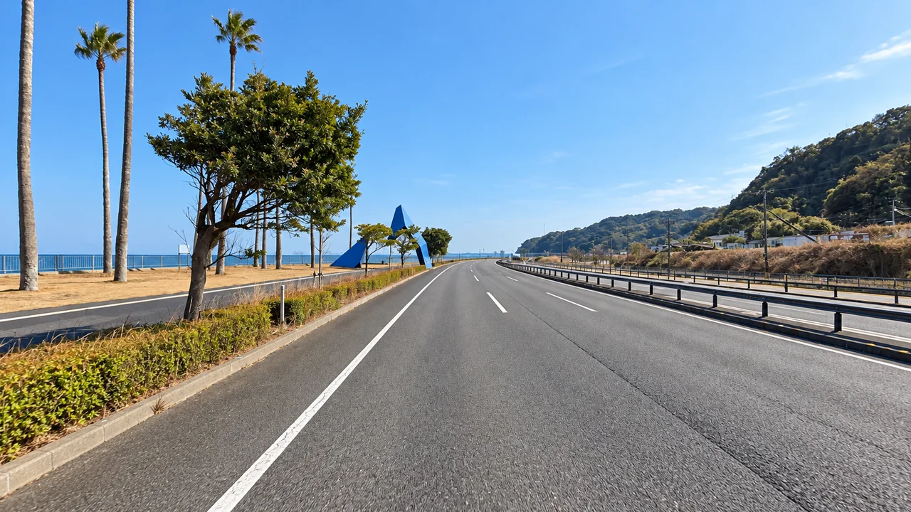 うみたまごを通過し、大分市街へ・別府湾沿いから大分へ向かう道路(AI生成の参考イメージ)