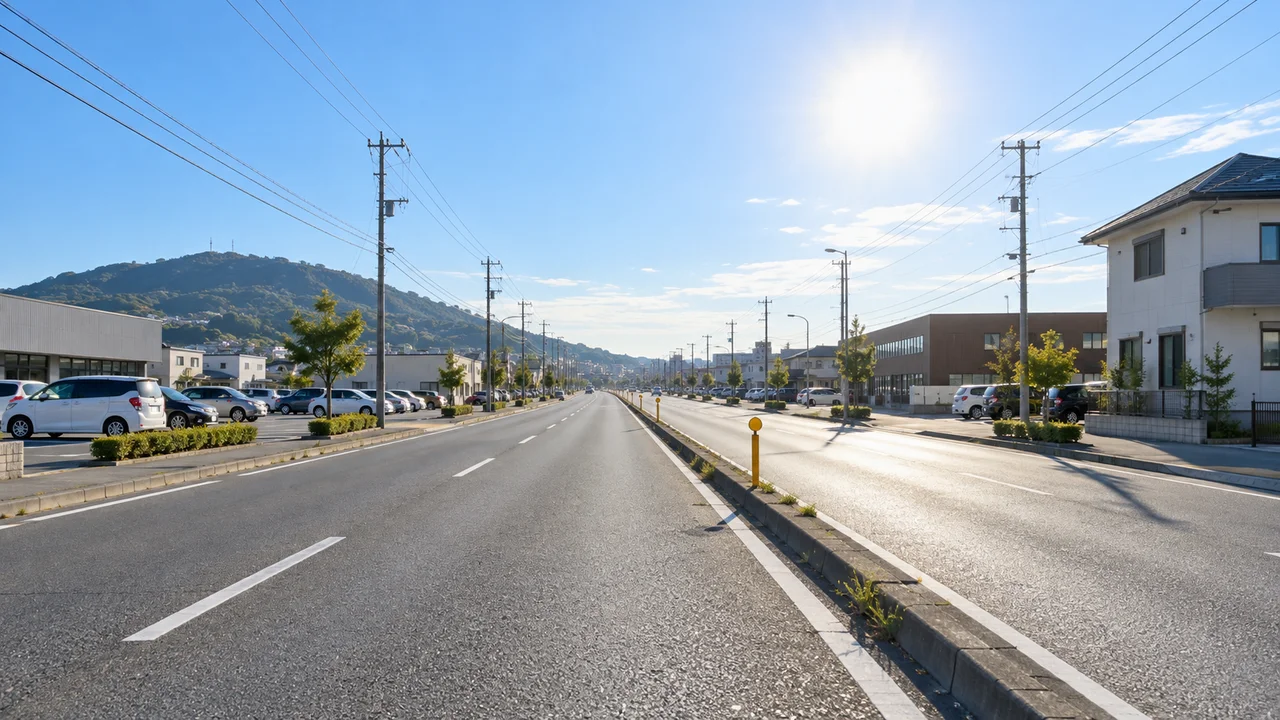 下りで使い切らず、残り5kmへ・平田の坂を越えた先の市街地(AI生成の参考イメージ)