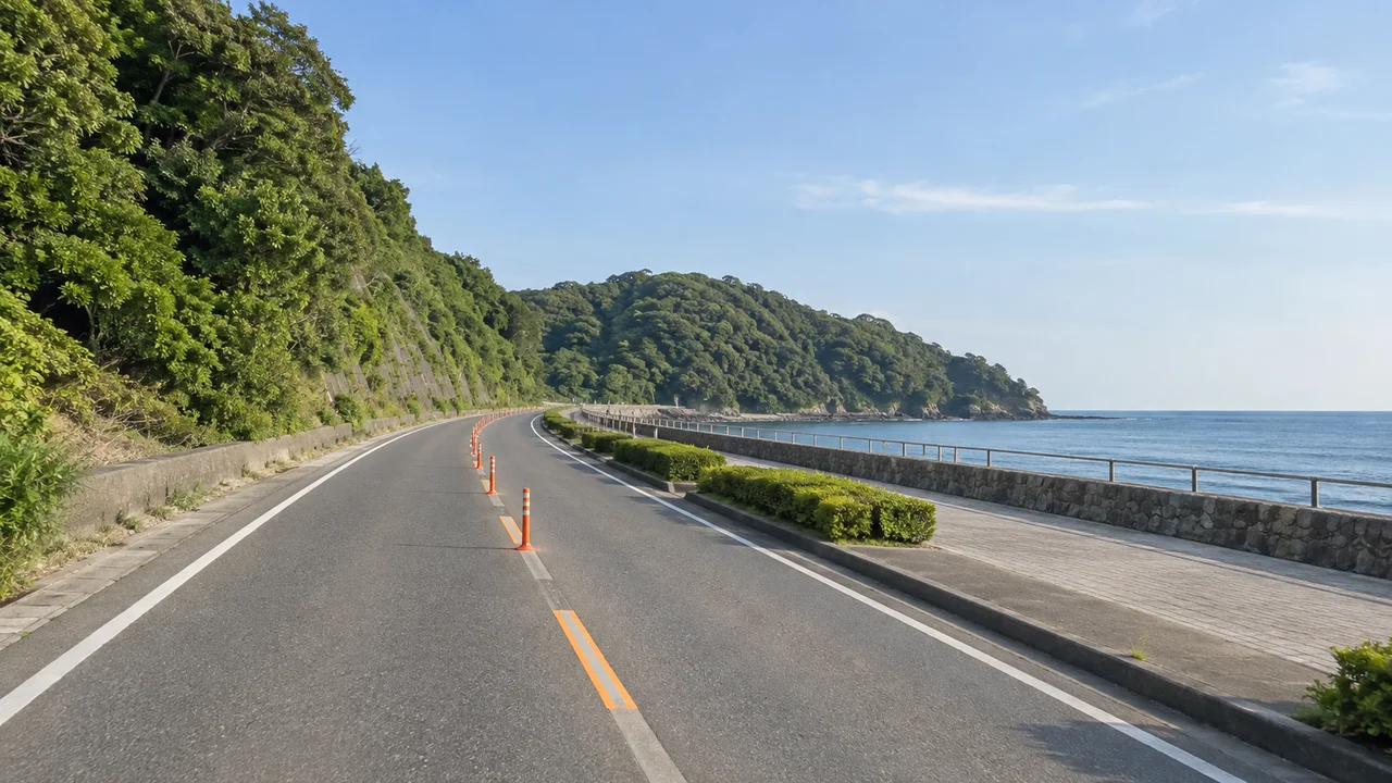 海沿いに出ても、小さな坂が残る・二見ヶ浦の海岸沿い・南西向き（AI生成の参考イメージ）