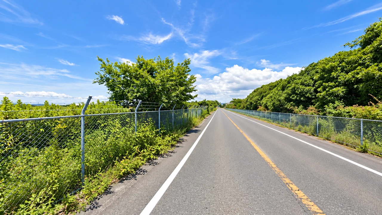 坂を越え、基地の外周へ・浜松基地の東側の道路（AI生成の参考イメージ）