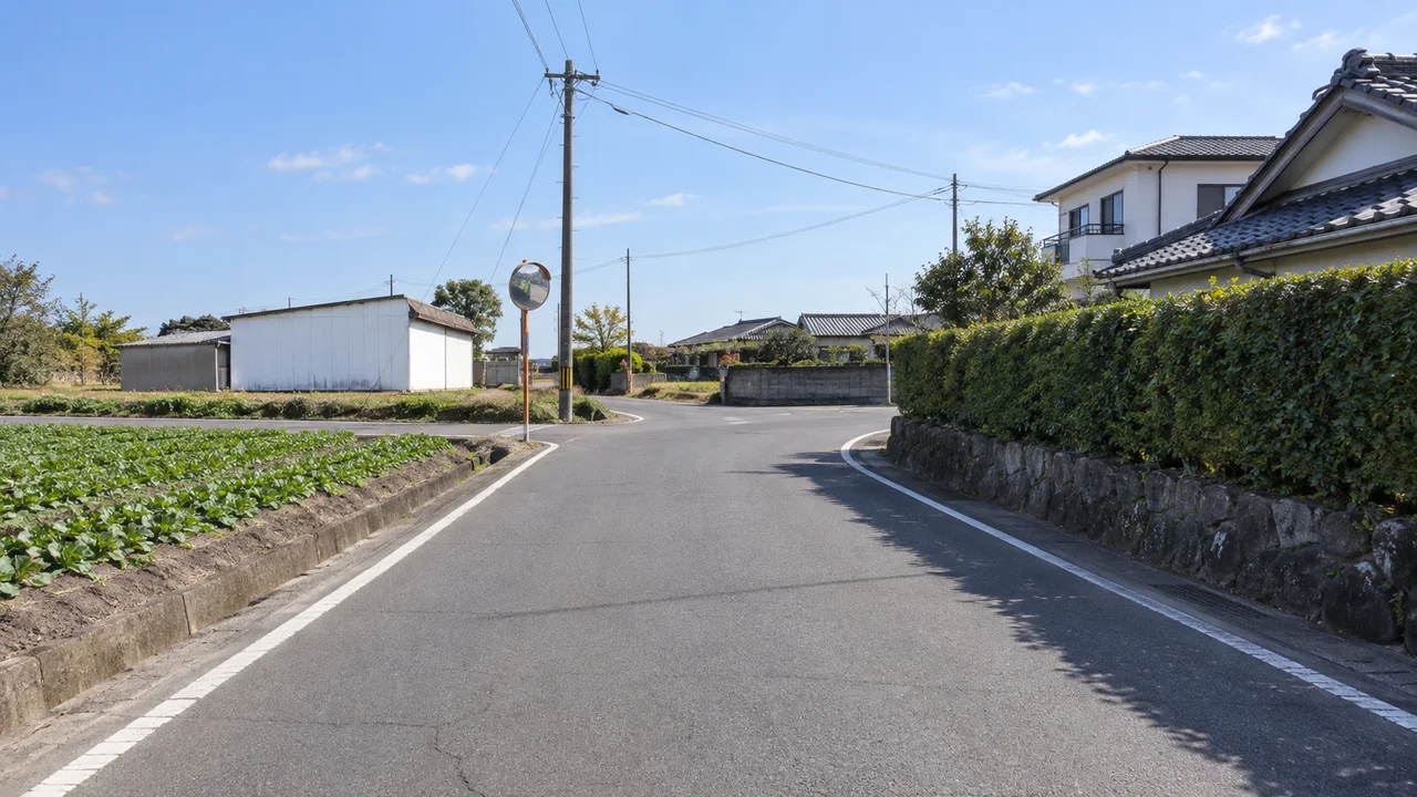 山川港方面も上り下りが続く・中盤の集落を通る道路(AI生成の参考イメージ)