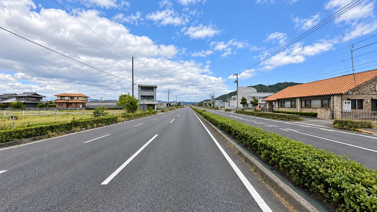 国道32号で、緩い上り下りを重ねる・西山崎付近の国道32号(AI生成の参考イメージ)