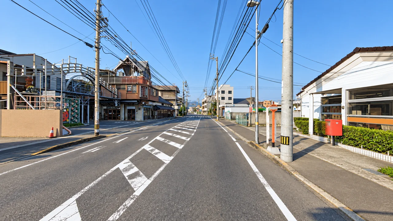 折り返しは、半分を少し過ぎた先・坂出の折り返し付近の街並み(AI生成の参考イメージ)