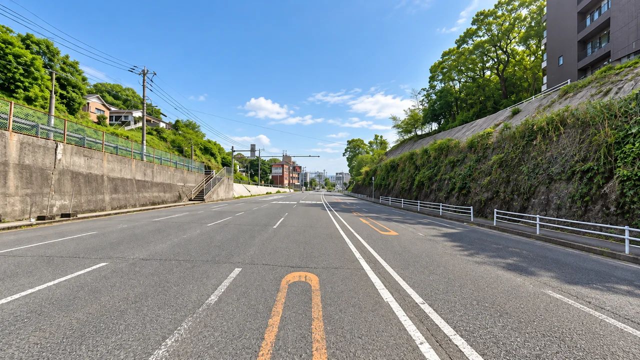 街へ戻っても、高架の上りが残る・鳥越トンネルを出た先の国道（AI生成の参考イメージ）