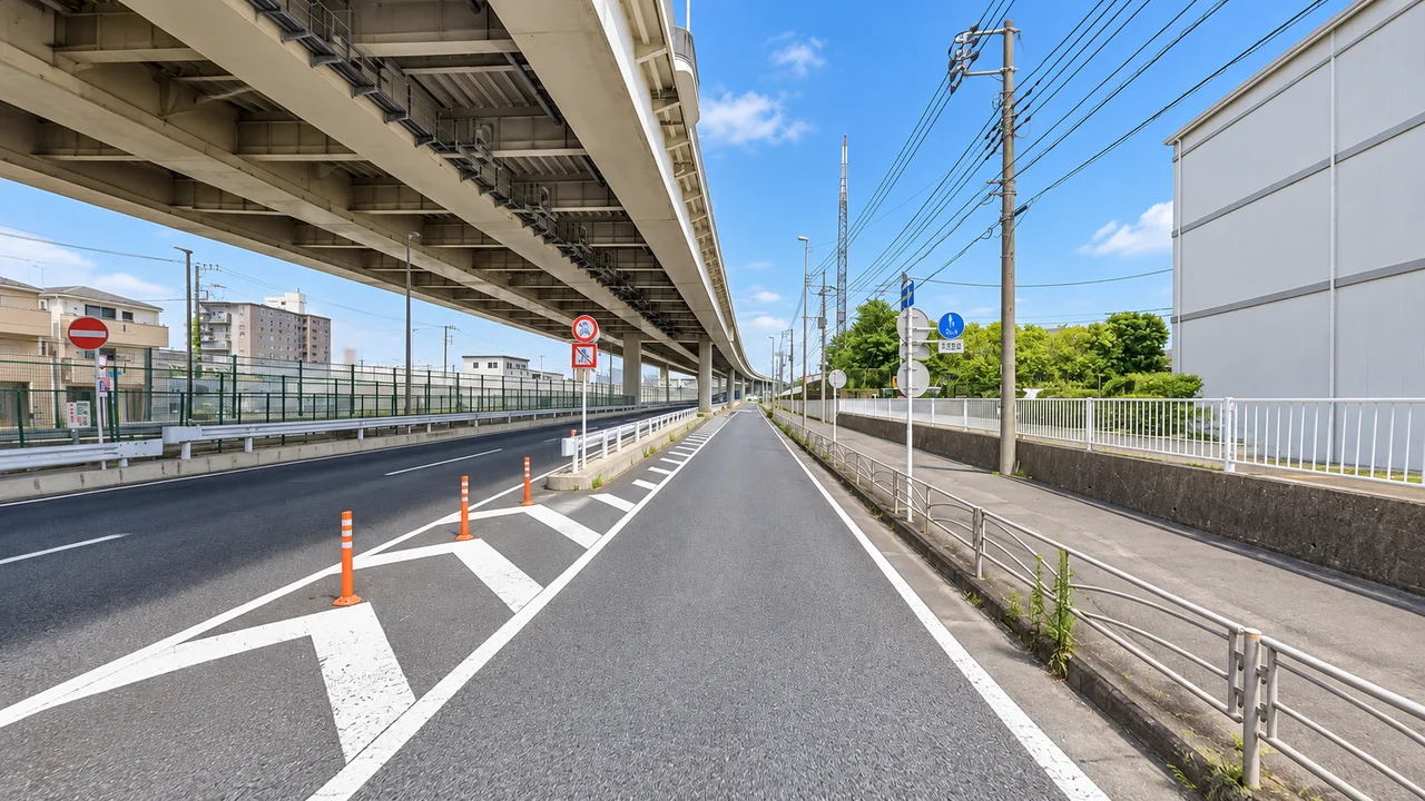高架と防音壁に沿う道を、もう一周・磯子の高架に沿う直線（AI生成の参考イメージ）