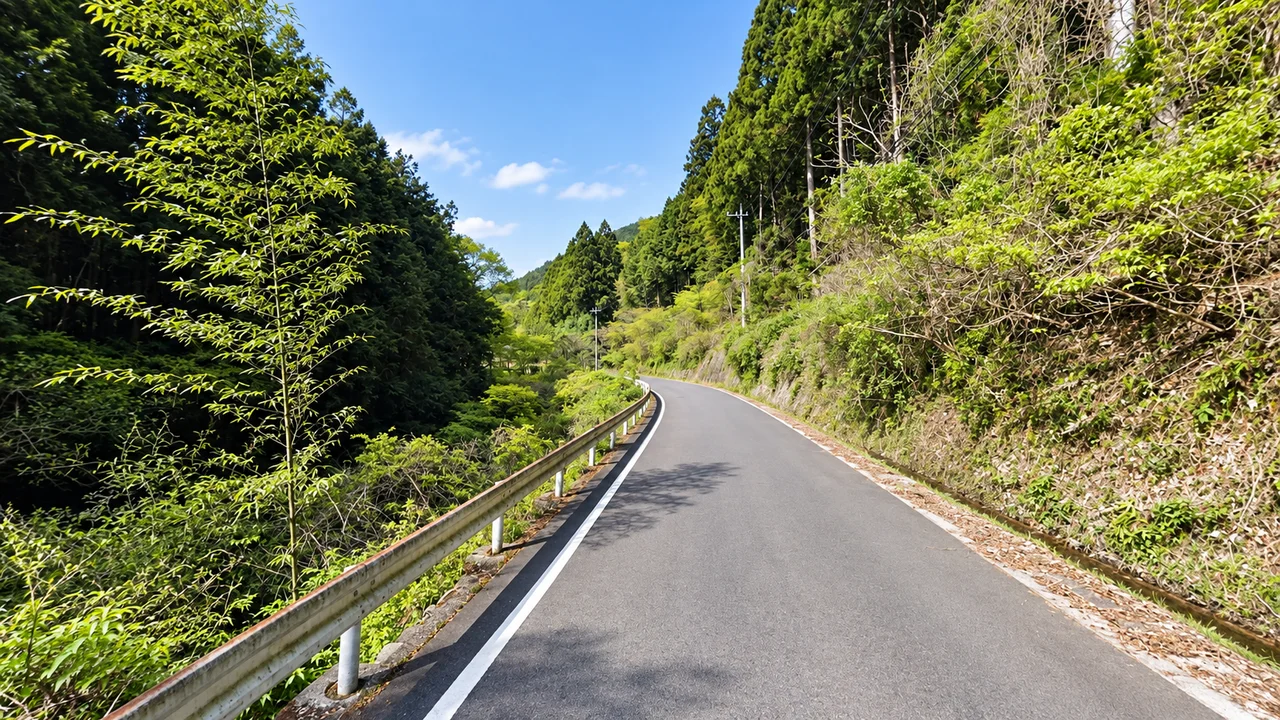 折り返してから下りを使う・折り返し付近の山あいの道(AI生成の参考イメージ)