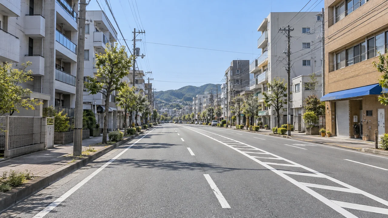 走りやすい往路で、速さを上げすぎない・須磨の市街地・西向き(AI生成の参考イメージ)