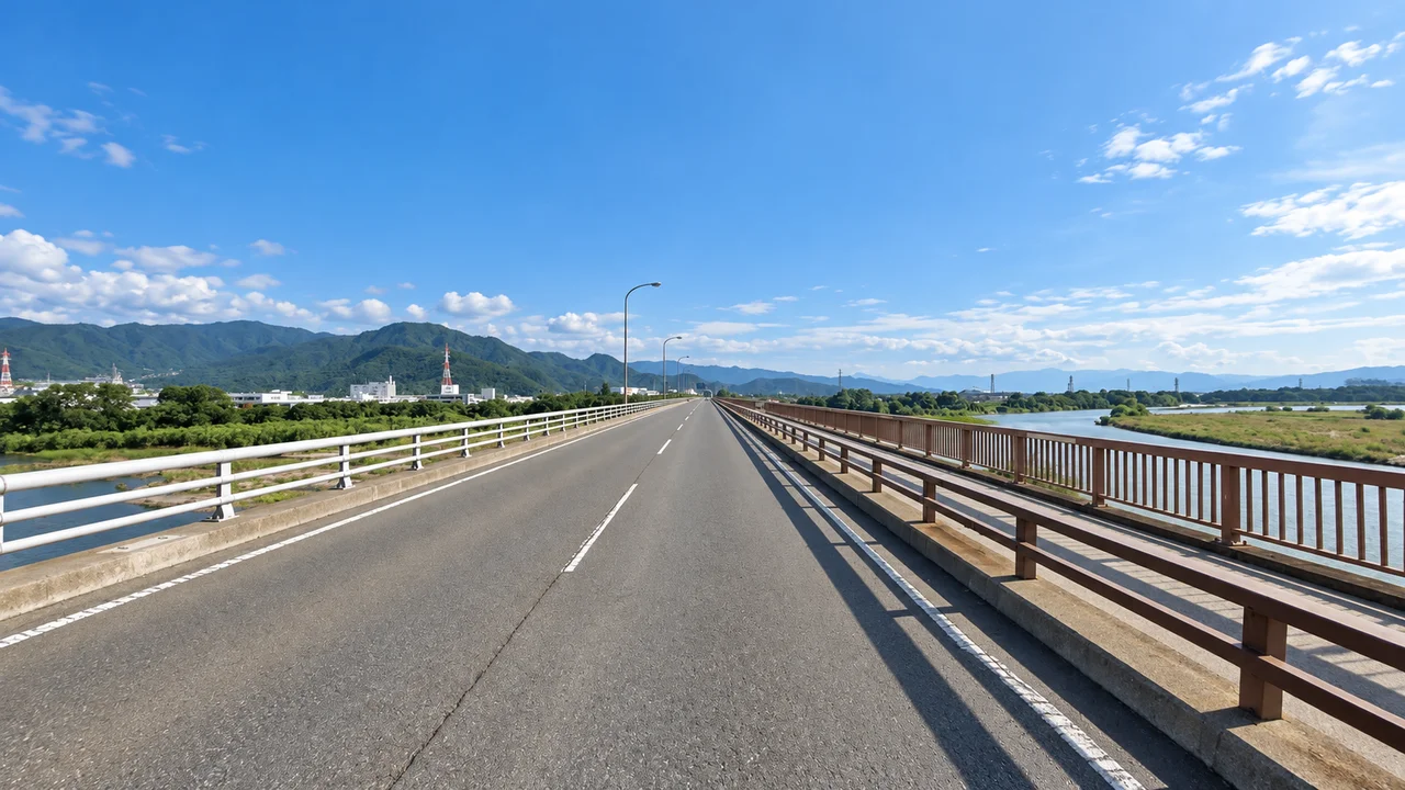 中間点へ向かう上りが続く・五輪大橋の上から進行方向へ(AI生成の参考イメージ)