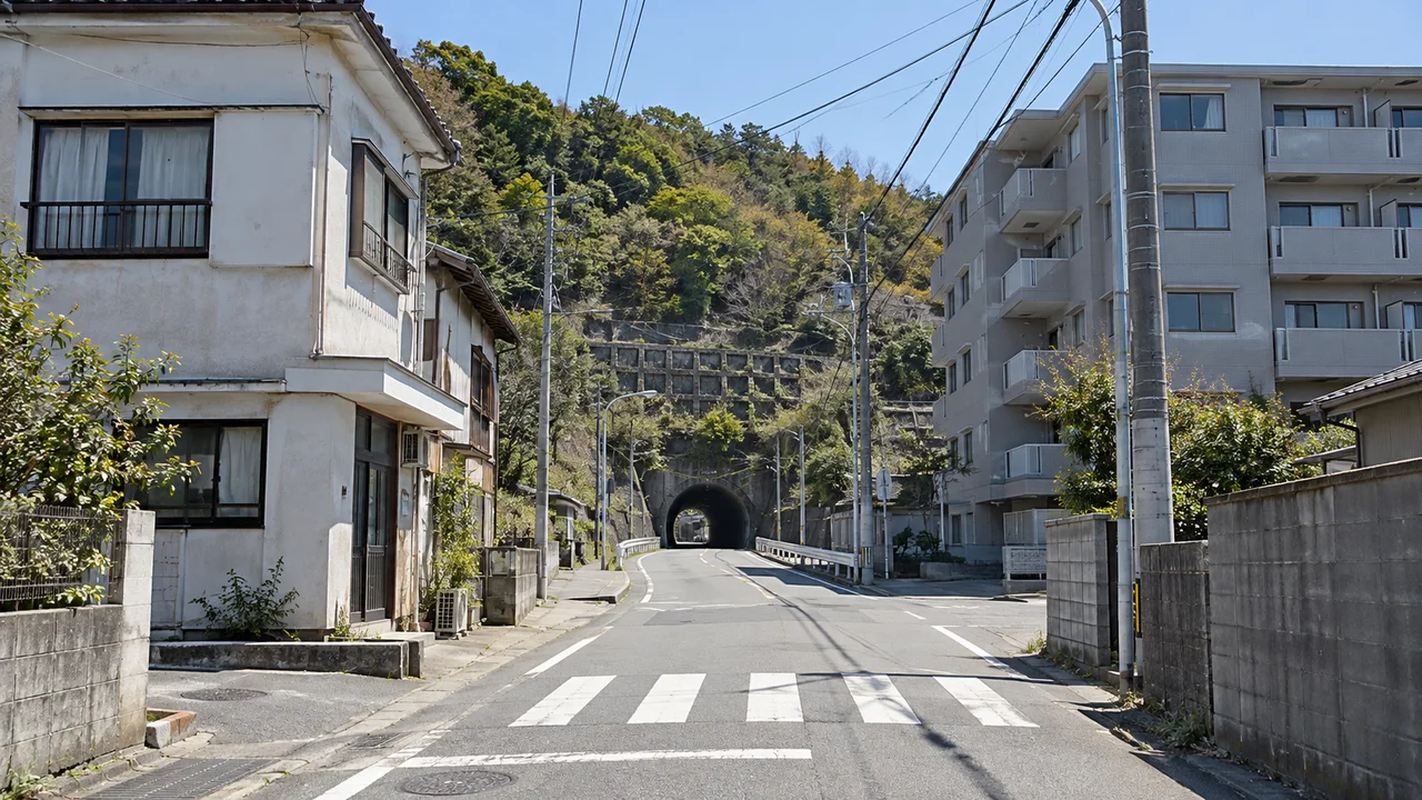 橋を下りても、もう一度上りがある・橋を下った先の戸町付近・北北東向き(AI生成の参考イメージ)