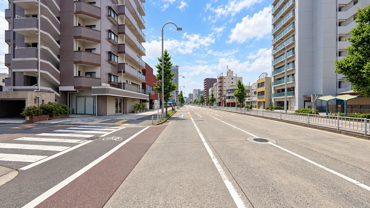 最初の折り返しまで、緩く下る・堀田方面へ南下する大通り（AI生成の参考イメージ）