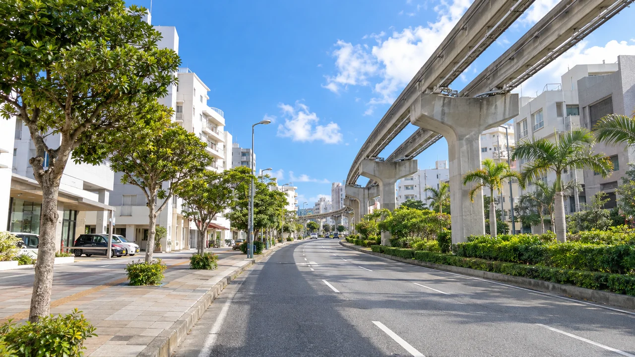 那覇へ戻る最後の上り・赤嶺のモノレール沿い・東北東向き（AI生成の参考イメージ）