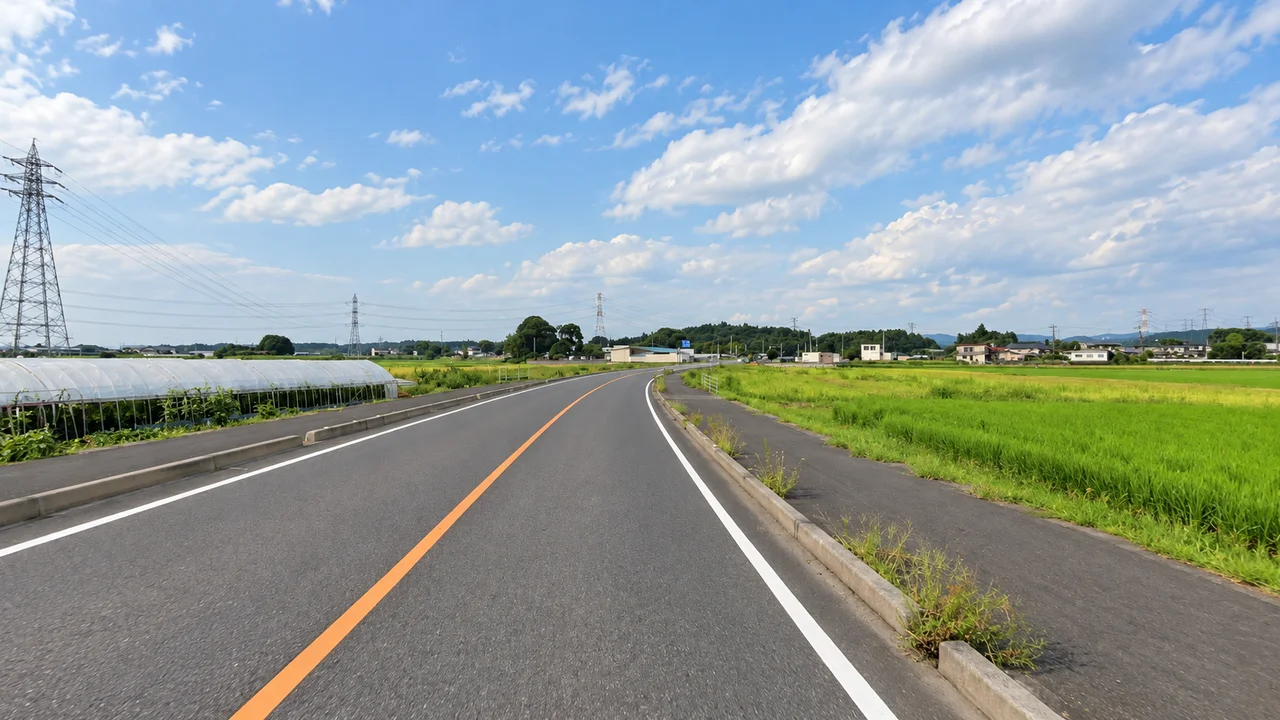 ここから、緩やかな上りが続く・25km付近、上り基調へ変わる区間(AI生成の参考イメージ)