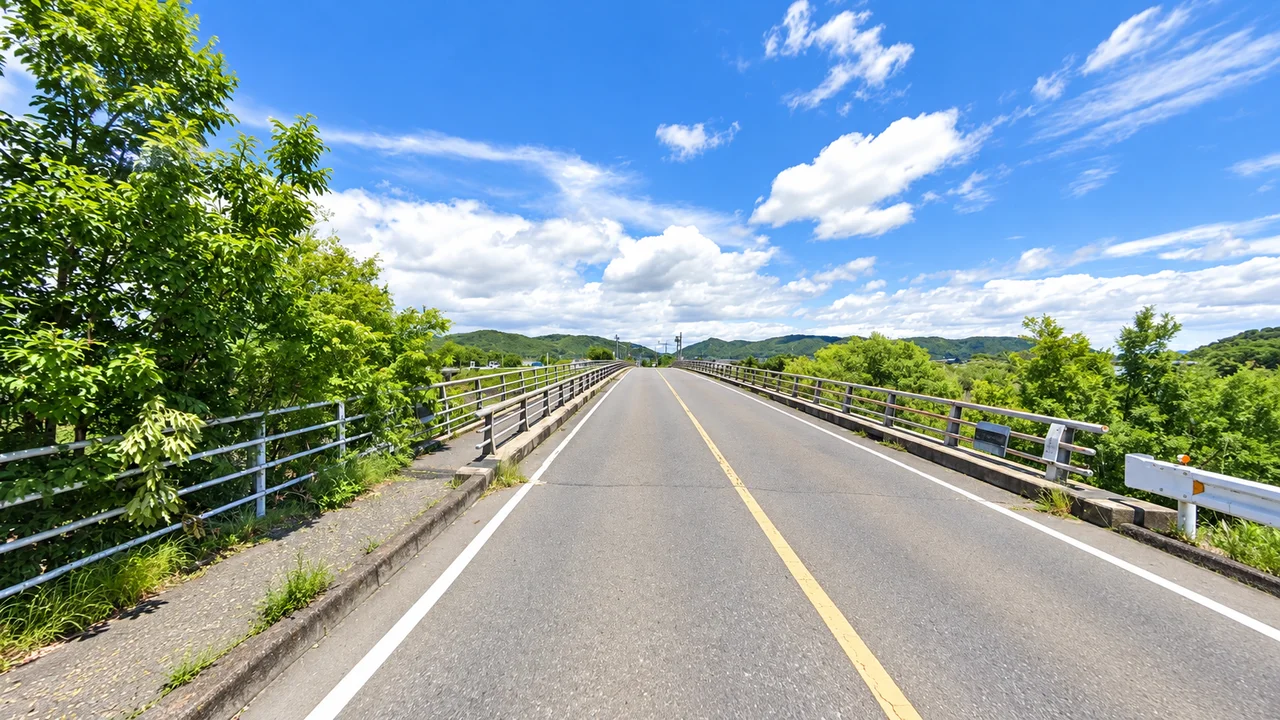 この区間は2周目にも通る・東側の関門へ向かう足守川の橋(AI生成の参考イメージ)