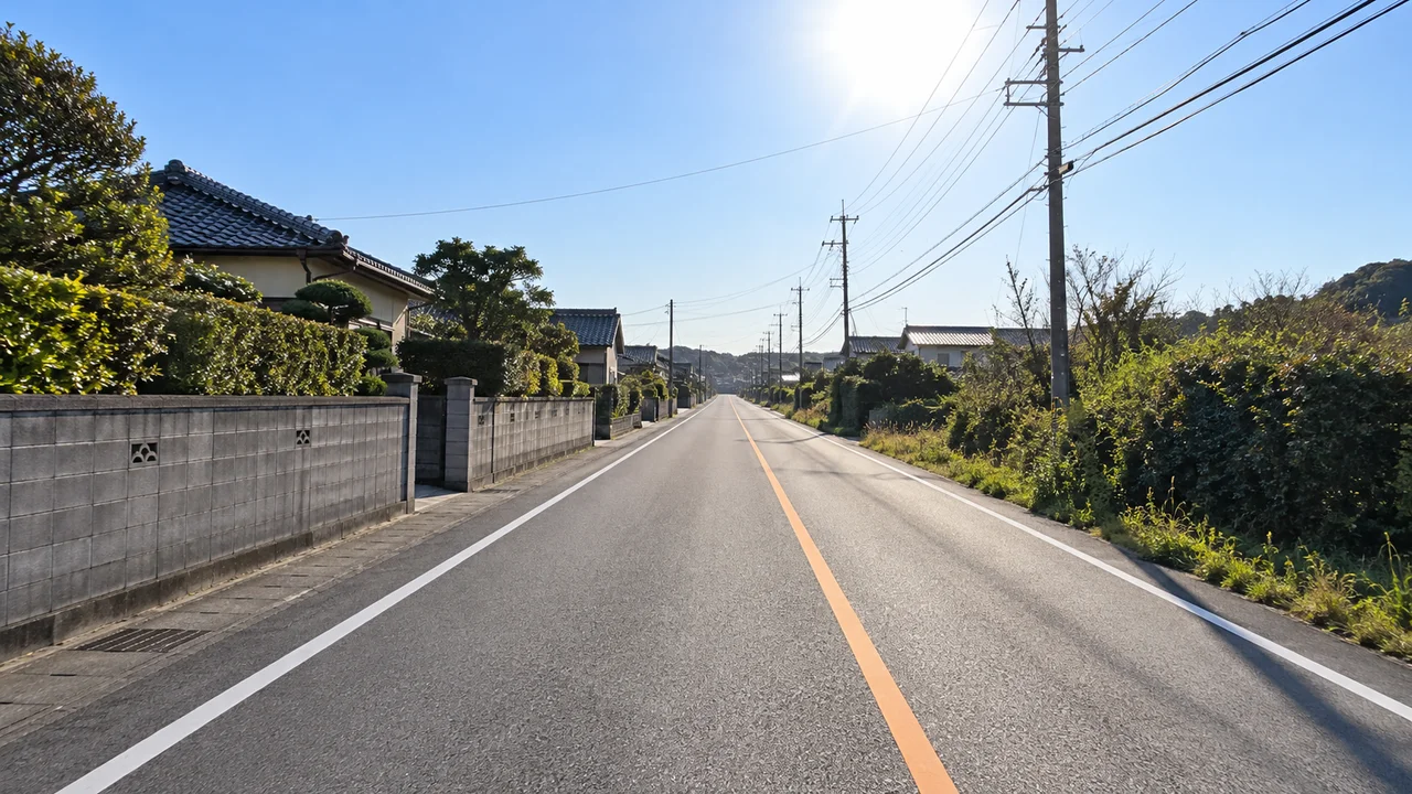 景色が変わると、上り下りも増える・海沿いを離れた集落の道（AI生成の参考イメージ）