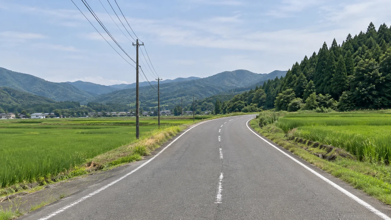 前半は上り基調を受け入れる・魚沼の田園区間・北北西向き(AI生成の参考イメージ)