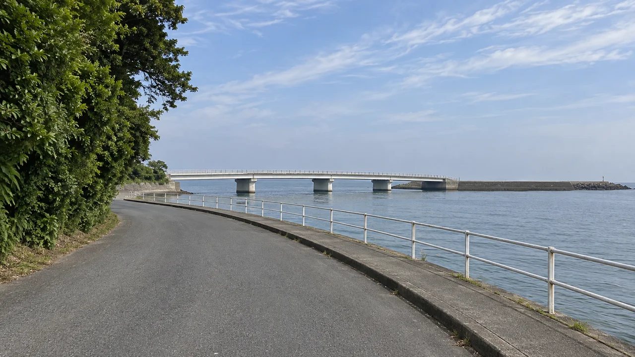 帰り道で、長寿大橋を往復する・島式漁港から長寿大橋を望む景色（AI生成の参考イメージ）